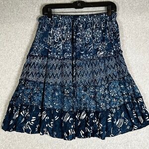 Nomadic Traders M Skirt Blue Batik Tiered Midi Skirt Boho Rayon Floral Casual